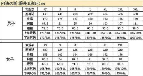 成人裤子尺码对照表