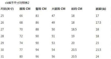 小码牛仔裤尺码对照表