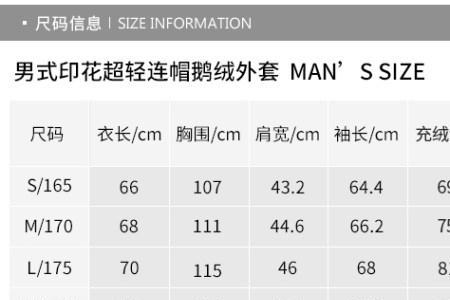 男装羽绒服175尺码对照表