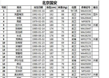 国安球员名单