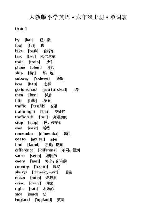 六年级上册的英语单词表