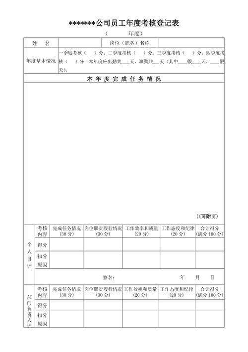 年度考核登记表模板用什么字体